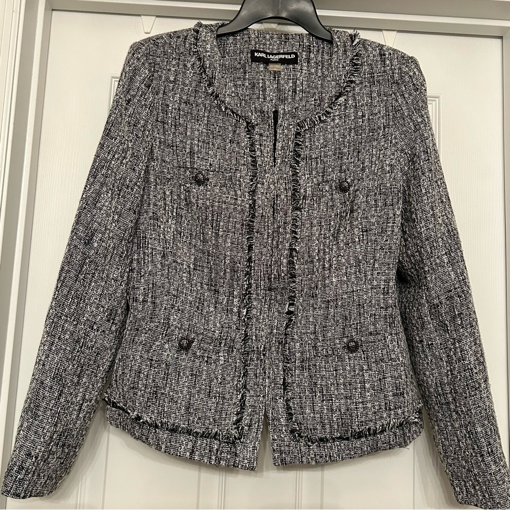 Karl Lagerfeld Black and White Tweed and Fringe Career Blazer Size 10 - Picture 1 of 14